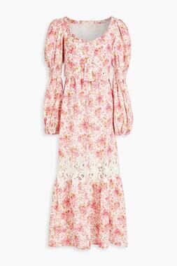 BYTIMO Guipure Lace-Trimmed Floral-Print Linen And Cotton-Blend Midi Dress Small